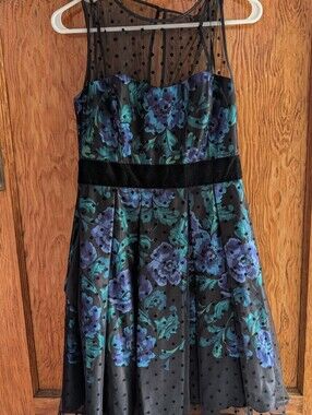 Eliza J Black Mesh Cocktail Dress with Blue & Teal Floral Print